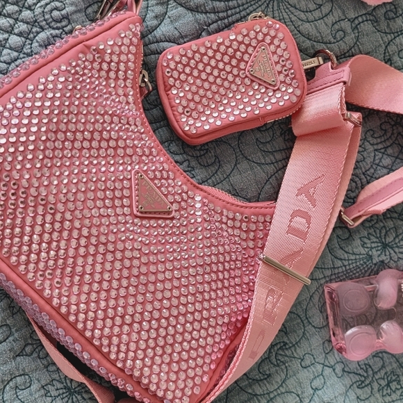 Pink Crystal Embellished Crossbody Bag Shoulder Purse - Picture 10 of 12